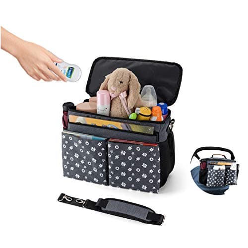 Universal Stroller Organizer Travel Bag - Large Parent Console with Cup Holders and Extra Storage Pockets for Bottles, Diapers, Toys, Saliva Towel - Fits All Baby Stroller Models