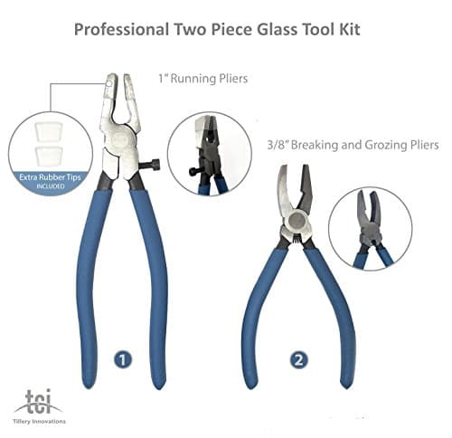 Professional Two Piece Stained Glass Tool Kit with 1" Running Pliers and 3/8" Breaking and Grozer Pliers with Free Bonus, Extra Rubber Tips for Running Pliers. for Stained Glass, Mosaics and Fusing