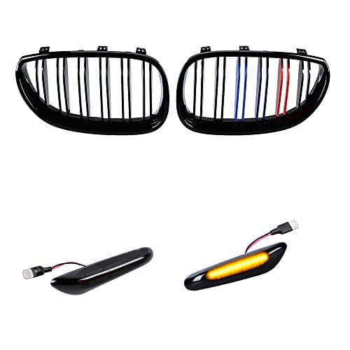 Glossy Black M-Color Painted Front Upper Grille Dual Slats & Turn Signals Side Marker Light Compatible with 2004-2010 BMW E60 E61 5 Series 4-Door