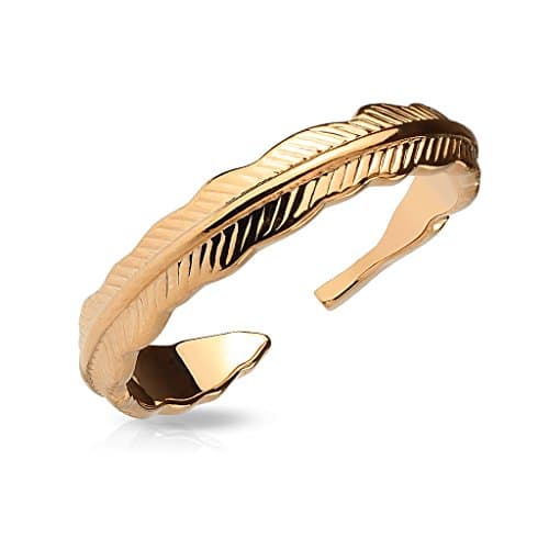 Tribal Feather Adjustable Rhodium Plated Brass Finger Mid-Ring or Toe Ring - Choose Color (Rose Gold)