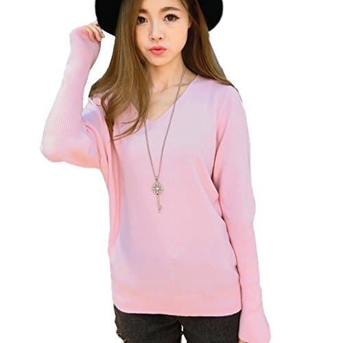 FTSUCQ Womens V Neck Pullover Long Sleeve Slim knitted Sweater Shirt Pink Knitwear,L