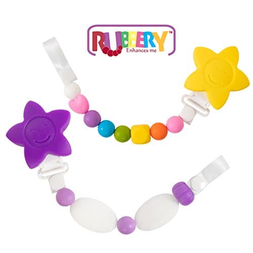 2 pack individualTeether Toy Pacifier Clip - RAINBOW and Lavander Baby Girl or Boy Star Beaded Silicone Teething Toy and Pacifier Clip (Rainbow and lavender)