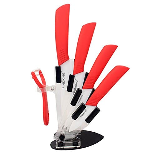 Ceramic Knives 6 Piece Set by Topais Mall Black Blade with Color Handle 3 Inch 4 Inch 5 Inch 6 Inch Ceramic Knife and Peeler and Holder (Red)