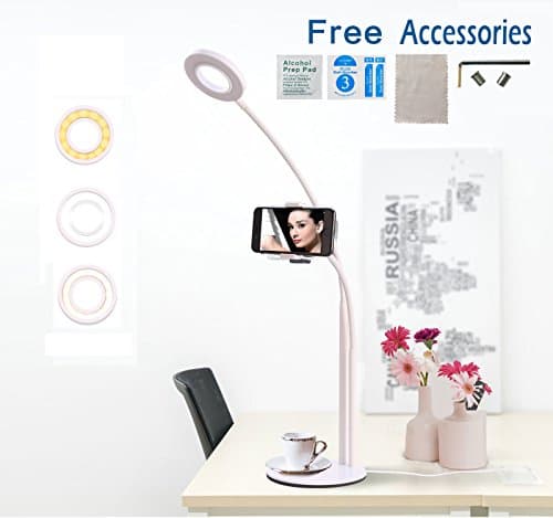 Cell Phone Holder with Selfie Ring Light Stand for Live Stream Makeup, Omaliss Flexible Mobile Phone Clip Desk/Bedside Lamp for iPhone/Samsung/LG and Common Smart Phone (white)