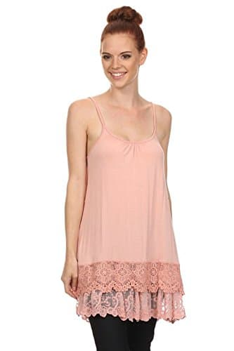 Solid Lovely Crochet Lace Layered Trim Crop Top Extender Cami Tank Top (L, Blush)