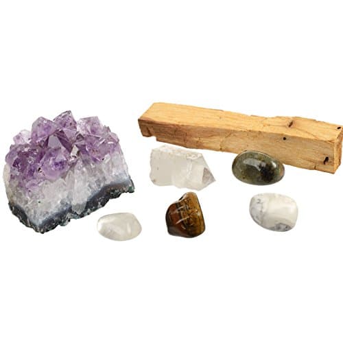 BE HERE NOW Crystal Kit For Mindfulness / 6 Pieces Including Amethyst Cluster, Raw & Tumbled Stones, Instructions, Palo Santos, For Healing, Reiki, Meditation