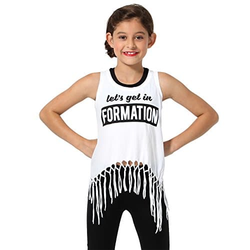 Youth Let's Get in Formation Dance Tank Top with Raw Edges And Fringe Hem White Small