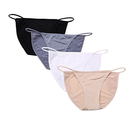 Camelia Womens String Bikini Cotton and Silk Lace Two Versions Panties 4-6 Pack Sexy Underwear Briefs USA Size: XS-XL