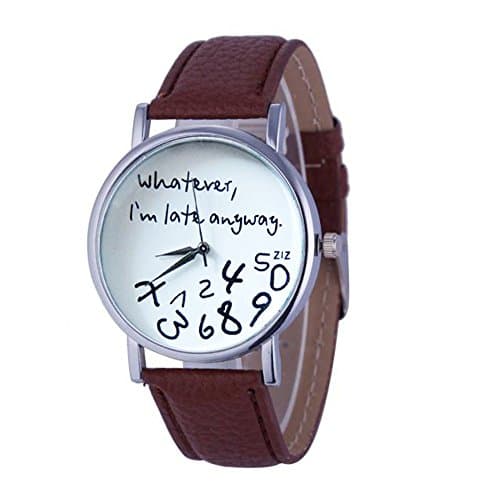 "Whatever, I'm late anyways" Unisex Leather Watch (Brown)