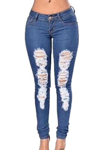 Aprilley Women's Broken Hole Classic Solid Waist Denim Pants Dark Blue S