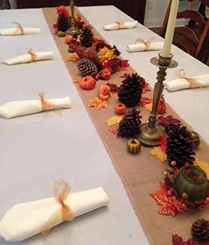 Traditions by DJT Thanksgiving Tablecloth, Napkins and Fall Decor Setting, Set Includes Ivory Linens (Natural Burlap Runner)