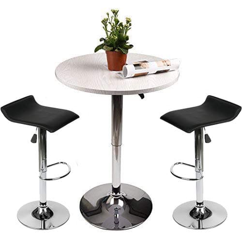 Adjustable Height Bar Table Set Round Bar Table and Chairs with Chrome Metal and Wood Cocktail Pub Table MDFTop 360°Swivel Furniture for Home Kitchen and Bistro