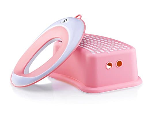 Quze Potty Seat + Matching Step Stool | Kids Toilet Training Ring for Boys or Girls + Matching Step Stool | Secure Non-Slip Surface | Suction Cup, Storage Hook, (Pink)