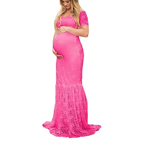 Tanhangguan Maternity Gown Split Front Off Shoulder Maxi Photography Long Lace Dress for Photo Shoot