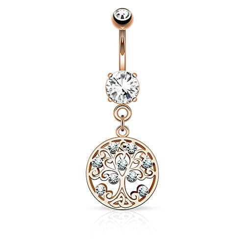 CZ Set Tree of Life Dangle on Round CZ Prong set 316L Surgical Steel Belly Button Rings - Rose Gold