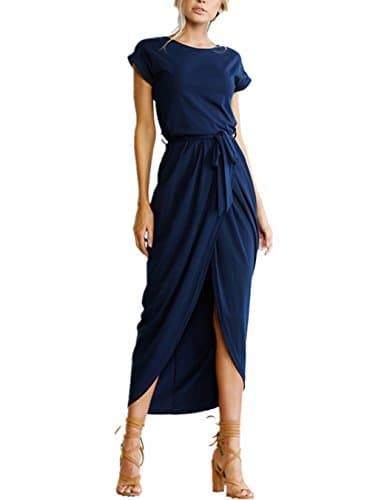 2017 Women's Summer Short Sleeve Slim Fit Sexy Split Midi Bodycon Pencil Dress,Navy Blue,Small