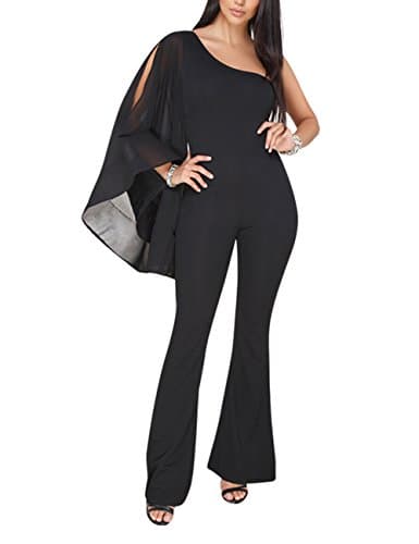 VEAGOO Womens Elegant One Shoulder Solid Jumpsuits High Waist Wide Leg Long Pants Rompers with Slit Sleeve L