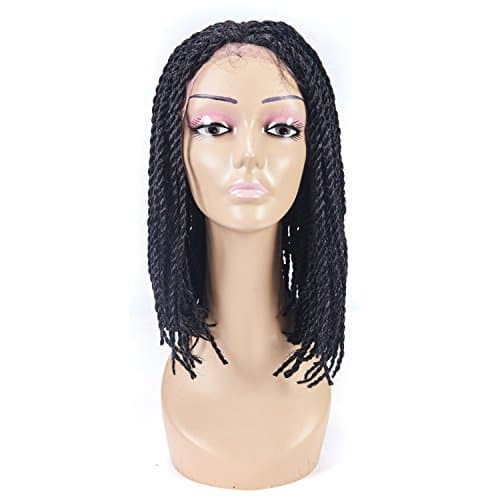 Fully Hand Braided 16Inch 3X Box Braid Front Lace Wigs Natural Side Medium Length Synthetic Bob Wigs for Black Women (#1B)