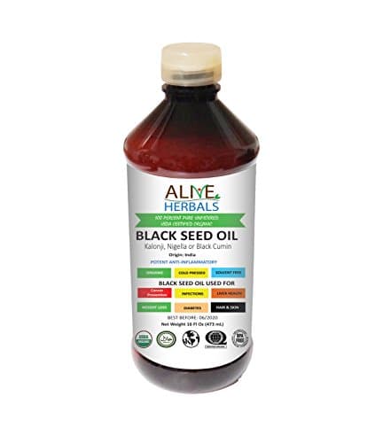 Alive Herbal Black Seed Oil Organic Cold Pressed - 100% Raw Unfiltered, No Preservatives & Artificial Color. BPA Food Grade Plastic Bottle 16 OZ.