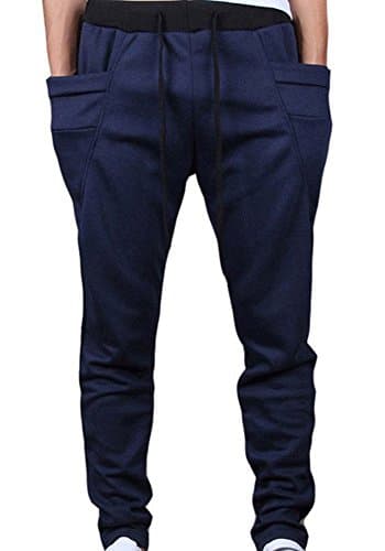 TOP HERE Men's Drop Crotch Funnel Pockets Drawstring Harem Pants Casual Jogging Sweatpants Running Trousers X-Large Navy