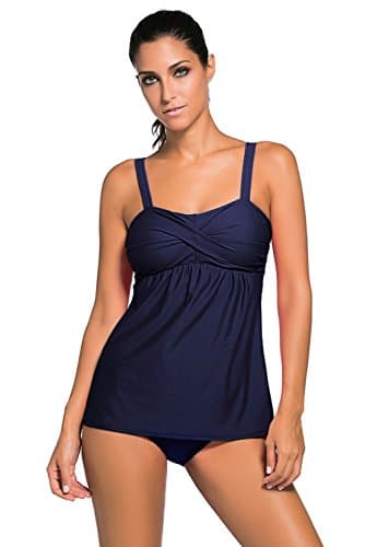 Estanla Women's Two Pieces Halter Wireless Cross Front Push Up Tankini Swimsuit (M, Navy Blue)