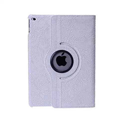 SingPad iPad Air 2 Case- Stylish Embossed Flowers Painting Case 360 Degree Rotating Stand Smart Cover PU Leather Case Multi-angle Vertical and Horizontal Stand for Apple iPad Air 2 (iPad 6) 2014 Model,- Smart Cover Auto Wake / Sleep Feature+Screen Protector (White)