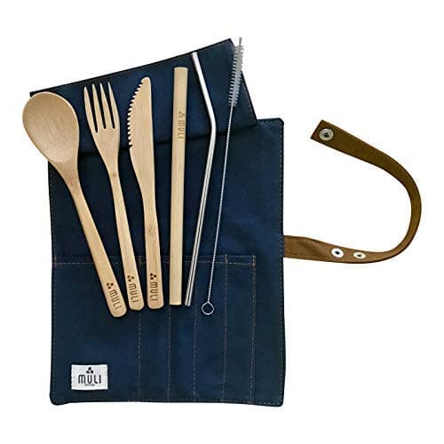 Bamboo Cutlery Set | Bamboo Travel Utensils | Reusable Zero Waste Flatware Set | 7-piece (Navy Blue)