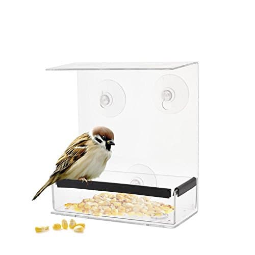 lennonsi Square Ceiling Window Bird Feeder Adsorption Type House Shape Feeder Transparent Acrylic Weatherproof Design For Closely Observation Parrot Food Box