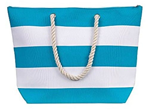 Large Water Resistant Canvas Striped Beach Bag - Inside Lining, Zippered Inner Pocket, Top Handle (Turquoise White)