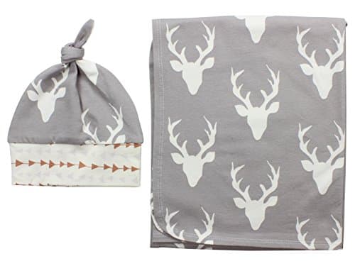 Gray Buck Deer Newborn Swaddle Set Swaddle Blanket Boy Top Knot Hat Boy Swaddle Set Stag Deer Jersey Swaddle Baby Blanket Gray