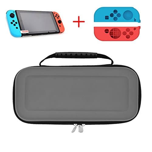 HuonGoo Carrying Case for Nintendo Switch Protective Storage Bag + high-definition Glass Screen Protector for Switch 2017 +2 Piece Soft Anti-slip Silicone Protective Cover. (Dark Gray)