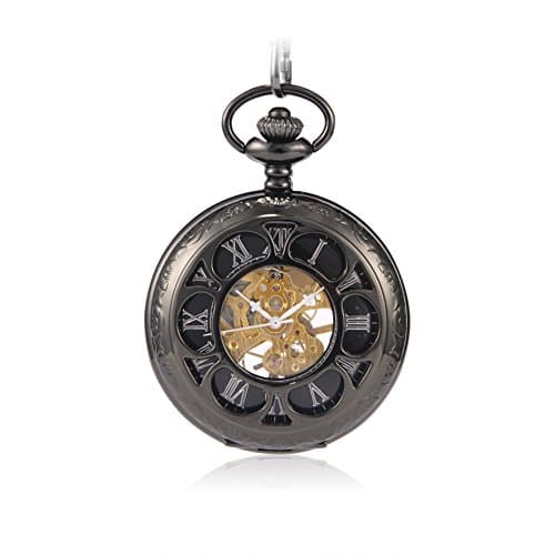 Sinopic Hand Wound Pocket Watch for Men with Vintage Silver Roman Numerals Skeleton Black Dial