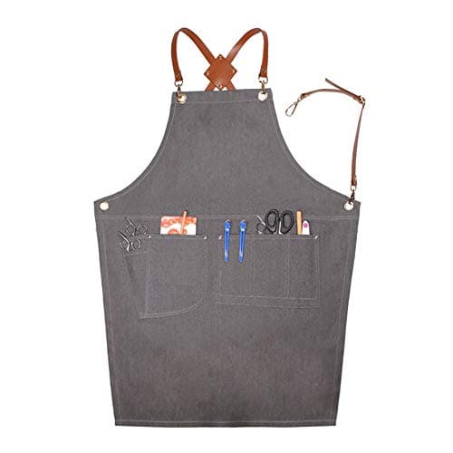 Adjustable Denim Bib Apron, Work Smock Jean Apron for Men & Women with Pocket & Cross-Back Straps for Salon Barber Hairdressers BBQ Grill Housewife (Grey C Type)