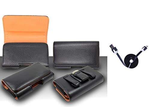 For Alcatel One Touch Pop Astro (T-Mobile) - Premium Classic Black Pebble Texture Leather Belt Case Clip Holster Pouch (Fit for With Slim Case Together) + 3 Feet Data Sync Charger Flat Cable