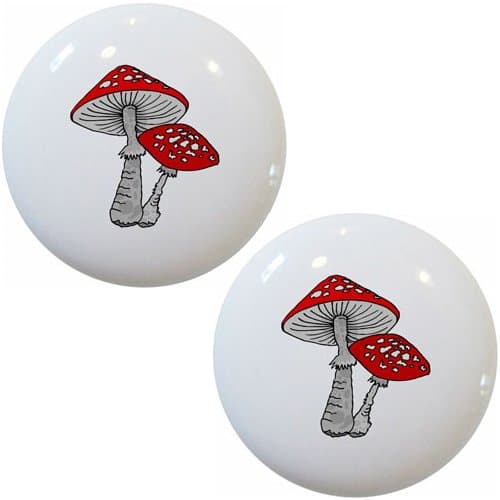 Set of 2 Red Mushroom Ceramic Cabinet Drawer Knobs