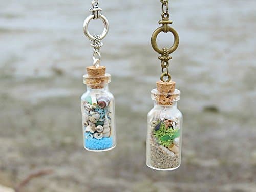 Glass bottle silver - bronze plated necklace with beach glass and shells