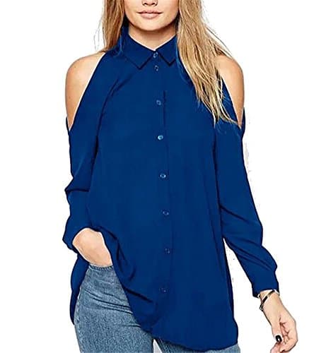 Mainstream Womens Long Sleeve Cold Shoulder Loose Fit Button Down Shirt,Medium,RoyalBlue