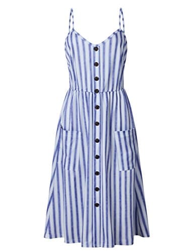 BABAKUD Women's Dresses Summer Striped Spaghetti Strap Button Down Midi Dress with Pocket, Size S
