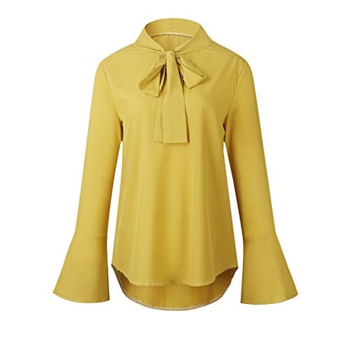 Laipelar Women Solid Chiffon Tie Bowknot Bell Long Sleeved Top Shirt Yellow XL