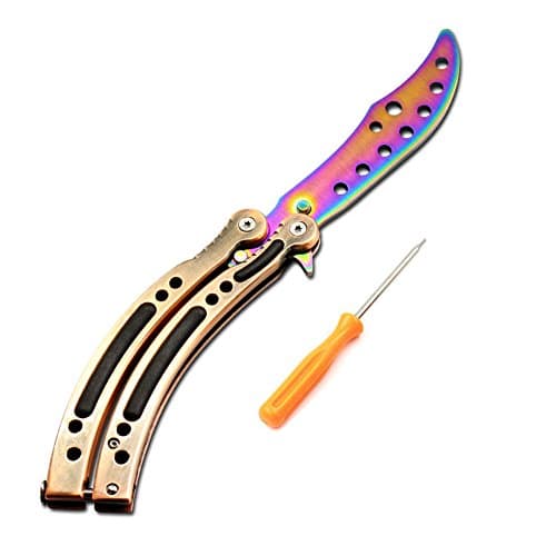 LeeKerTel HK-04 Butterfly Knife with Sheath Trainer Practice Folding Balisong Dull Game Knife Pocket Trainer Tool with Screwdriver (Rainbow)