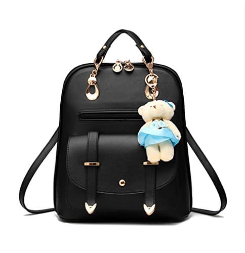 aiseyi Womens Backpack Leather Multi-Way Girls School Backpack Leather Cartoon Pendant (Black)