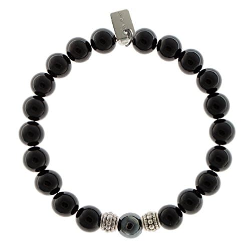 EvaDane Natural Black Onyx Gemstone Rope Bead Hematite Center Stone Stretch Bracelet - Size 7 Inch ( 1_ONY_S_R_S-HEM_7)