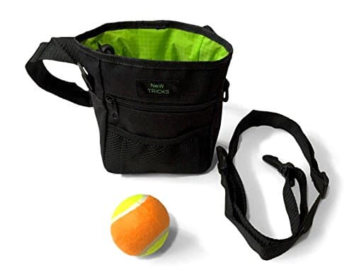 DOG TREAT BAG for TRAINING, WALKING - durable with pockets for everything . . .2 piece bundle includes FREE tennis ball toy by new tricks