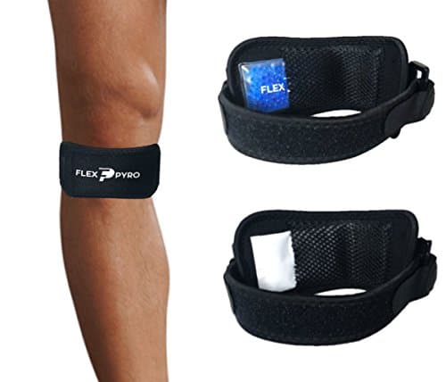 FlexPyro Knee Pain Relief Brace Patella Stabilizer w/ Insert Pocket for Jumper's Knee, Tendonitis - Includes (1) Knee Strap w/ Mesh Pocket (2) Gel Bead Cold Packs (10) Air-Activated Hot Packs