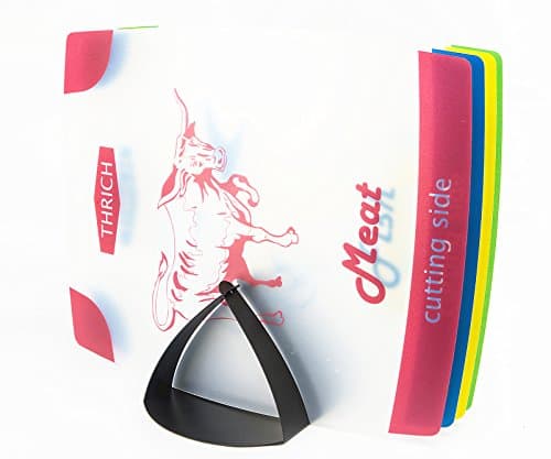 Thrich Index Plastic Cutting Boards with holder stand, Fully Silicone Finished Non-Slip Backside, Non-Stain, Non-Porous, BPA Free, Multicolor, Set of 4 (Single Graphic Patterned)