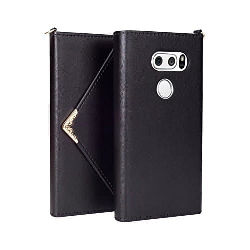 LG V30 Case,LG V30 Plus Case,Hsiaofe PU Leather Magnetic Closure Envelope Wallet Flip Protective Cover Case Credit Card Holders Women Handbag with Wrist Strap for LG V30/LG V30+(Black)