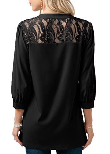 Anlarhh Women's Notch Neck 3/4 Sleeve Front Button Chiffon Floral Lace Patchwork Loose Fit Tunic Blouses Tops