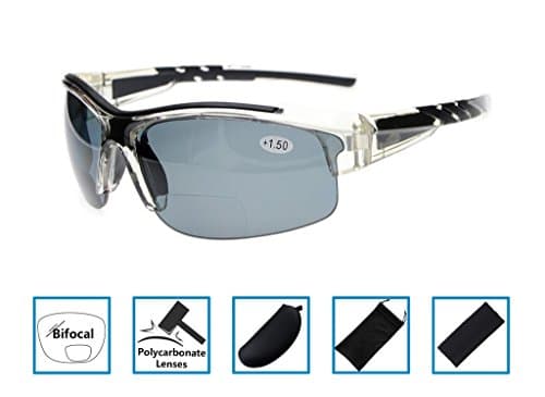 Gr8Sight Bifocal Tinted Reading Sunglasses Sun Readers Half Rimless Frame UV400 Protection Wraparound Designer Style Sports Glasses Men Women Clear Frame Grey Lens +2.0