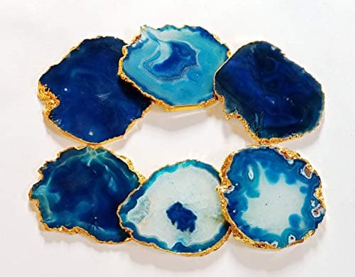 Agate Coaster Blue Dyed Slices Agate Drink Coasters Polished Stone Cup Mat Rubber Bumper Pad Home Décor Gift 3" To 4" Gold Plated Set Of 2