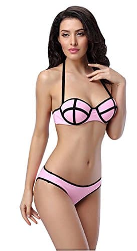 Also Easy Chic Sexy and Elegant Women's 2 Pcs Bikini Swimsuit with Halter Neck Design-Pink (S)